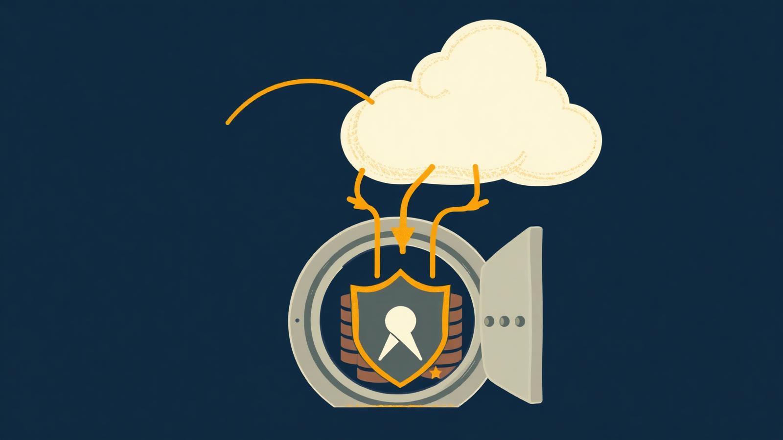 WordPress backup plugins illustration, cloud storage flowing into a secure vault