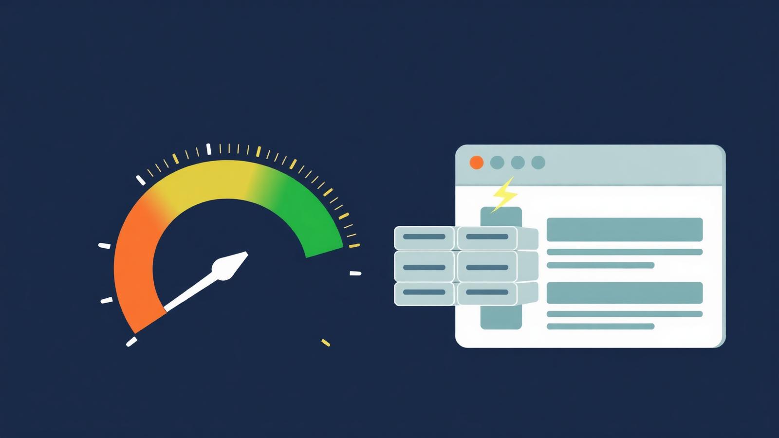 WordPress caching plugins performance illustration, speedometer in the green with fast-rendering page