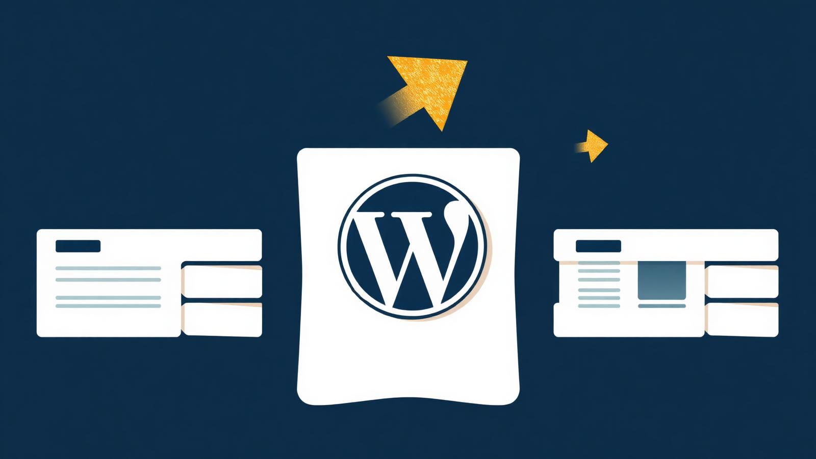 Webflow to WordPress migration illustration, content flowing into the WordPress mark