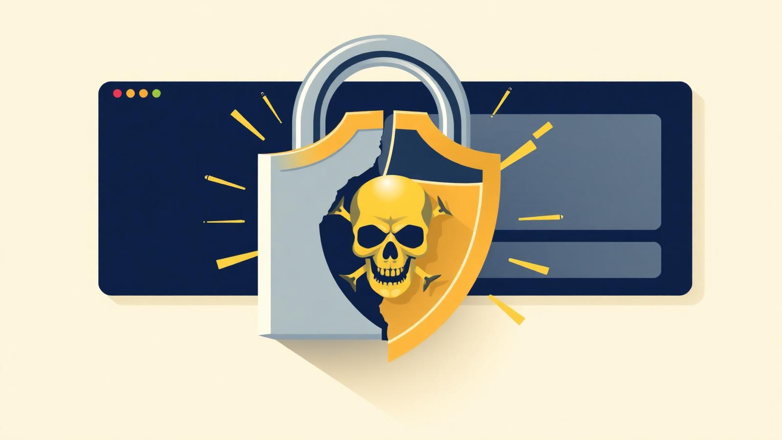 Hacked WordPress recovery illustration, broken padlock reassembling into a shield