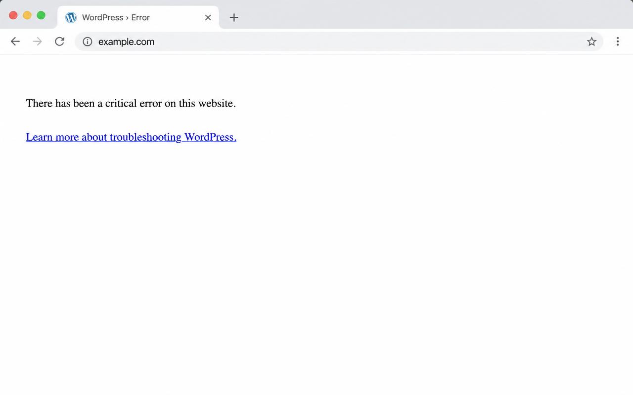 Screenshot illustrating WordPress critical error